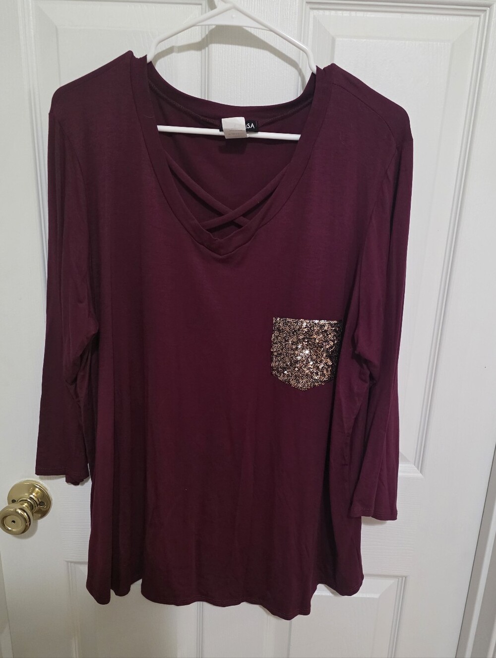 HEIMISH USA Burgundy Long Sleeve Crisscross V-Neck Top with Sequin Pocket